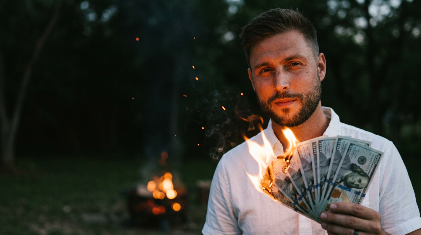 A grinning small business owner in a backyard at dusk holding up a wad of hundred dollar bills that is on fire