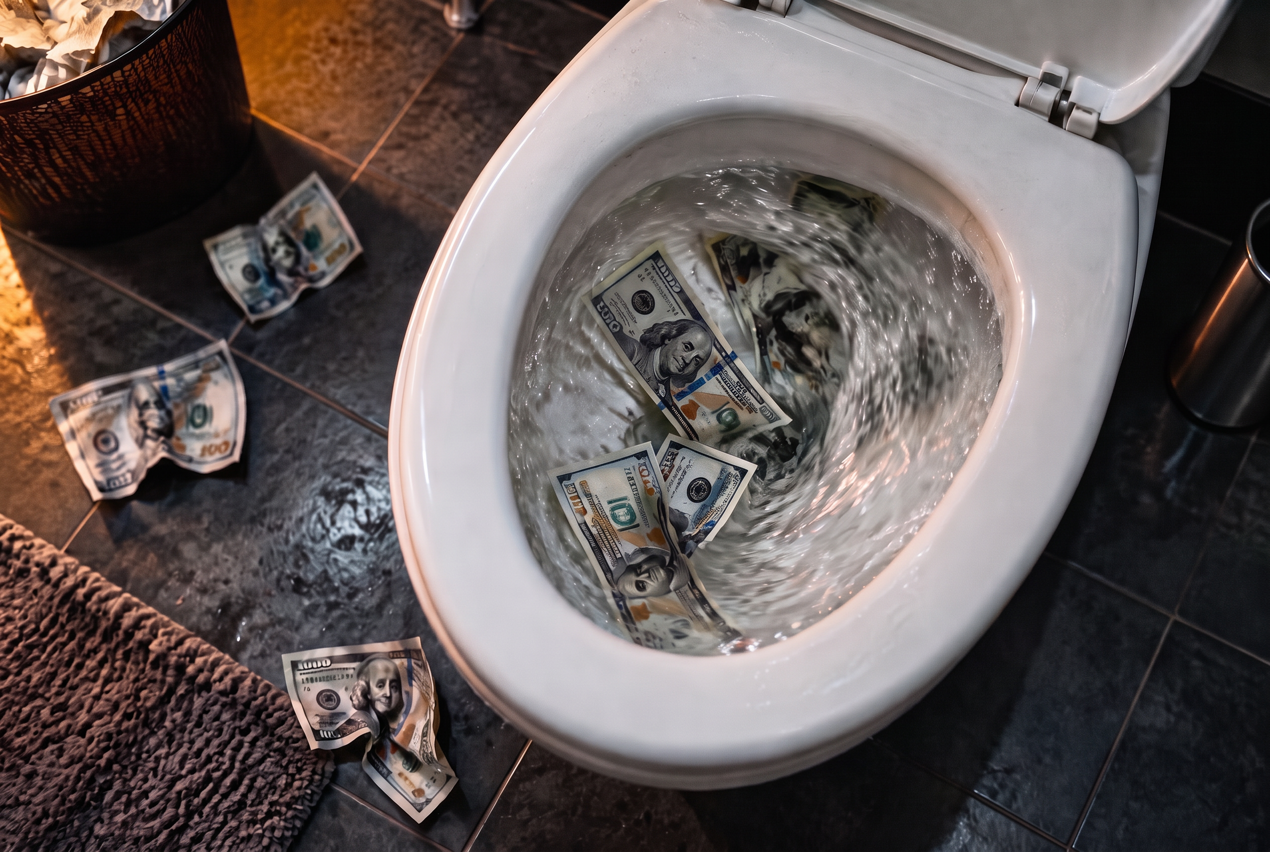 Hundred dollar bills swirling down a toilet on a dark tiled bathroom floor