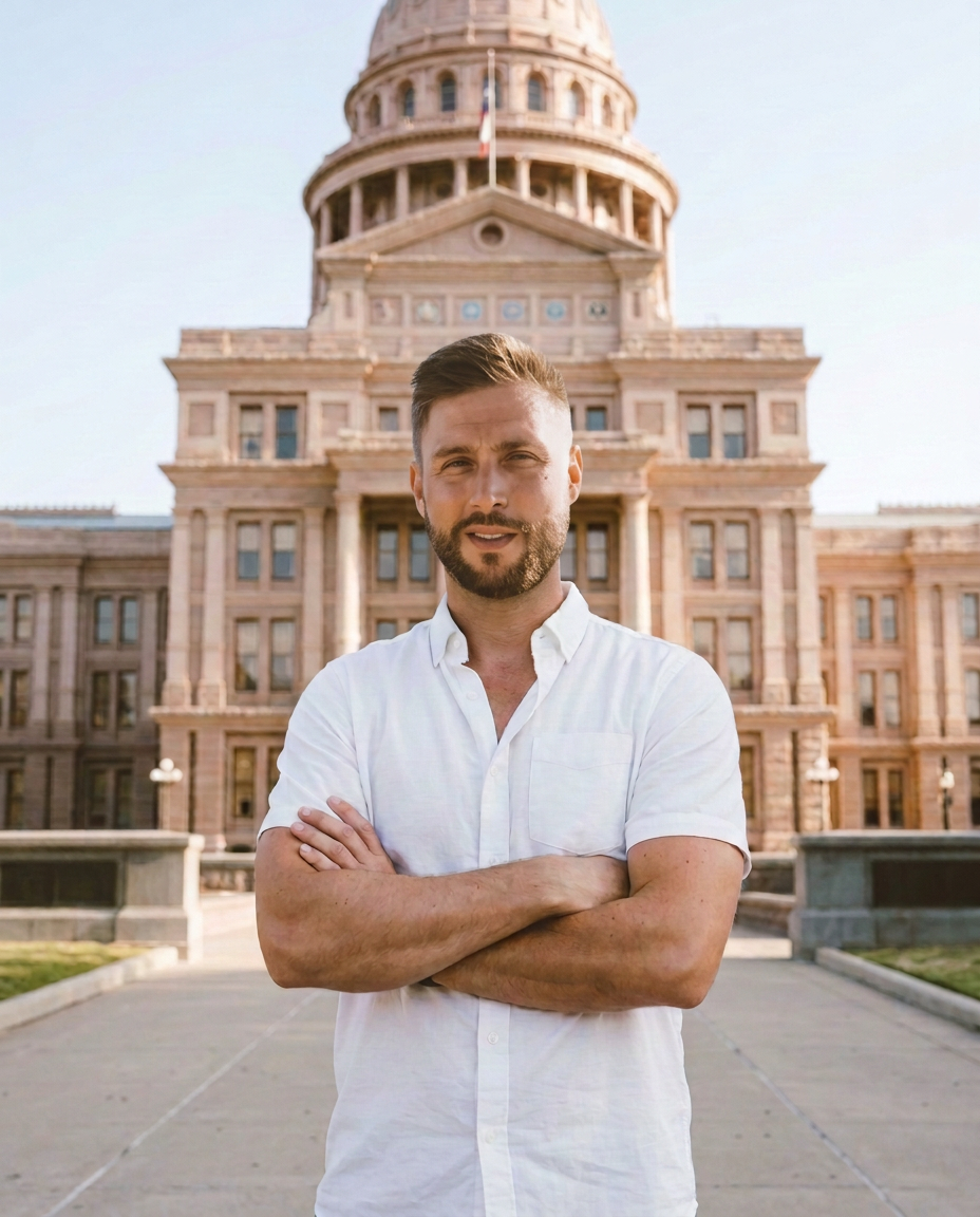 Shawn Duncan, small business coach, standing with arms crossed in front of the Texas State Capitol in Austin